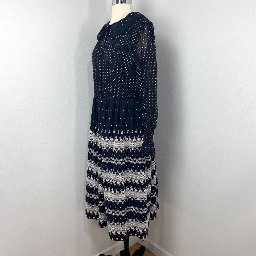 Vtg Black White Embroidered Dress XL Polka Dots Button Front Long Sleeves Boho